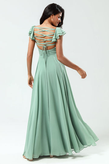 A Line Lace-Up Back Chiffon Green Bridesmaid Dress with Ruffles